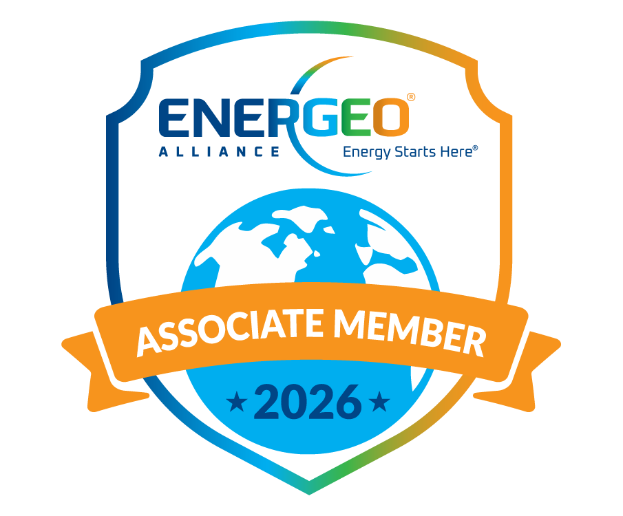 Badge displaying Energeo Alliance logo with the slogan Energy Starts Here. The words Associate Member 2026 are on a blue banner, and three orange stars are at the bottom. The badge has a blue and orange gradient border.