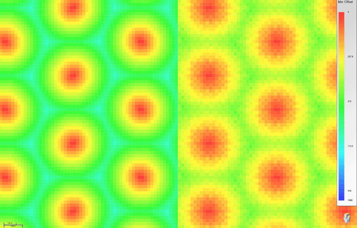 550m RX Spacing, primaries (left), multiples (right)