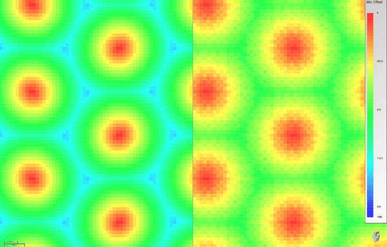650m RX Spacing, primaries (left), multiples (right)