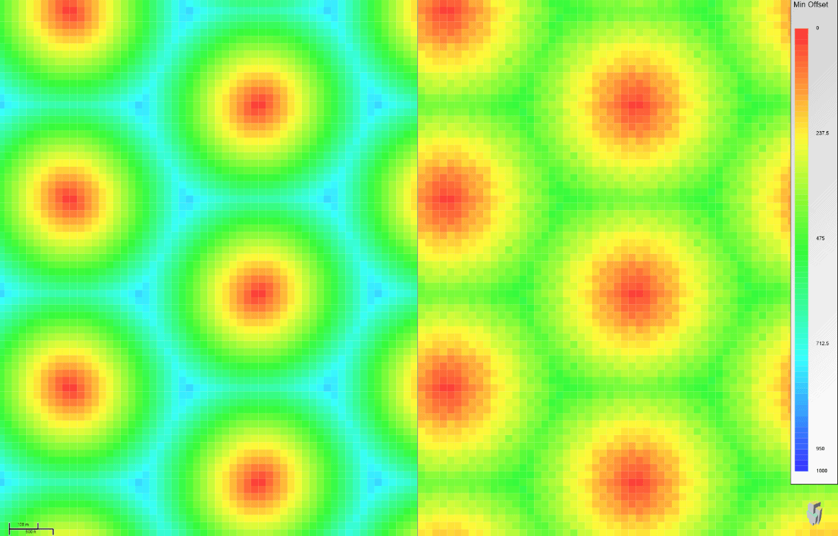 650m RX Spacing, primaries (left), multiples (right)