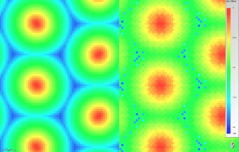 750m RX Spacing, primaries (left), multiples (right)